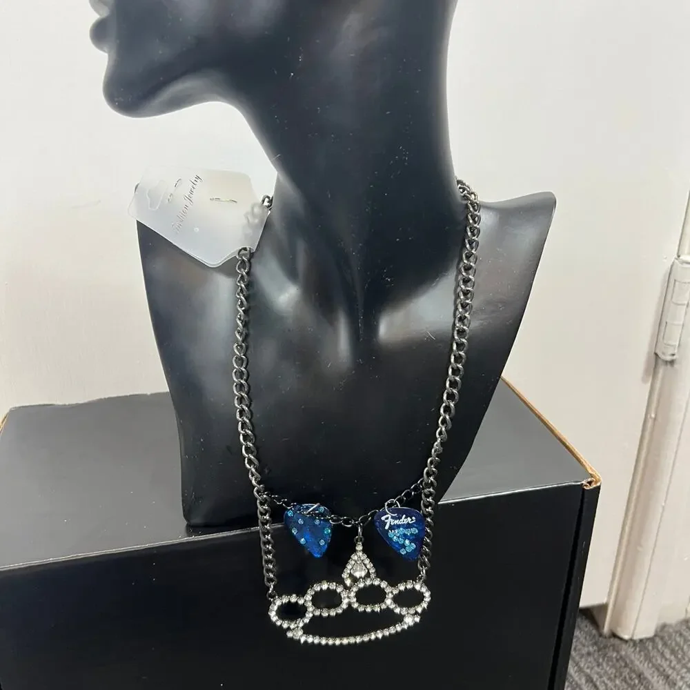 Handmade Rhinestone Guitar Pick Layered Necklace Adjustable One-of-a-Kind Piece